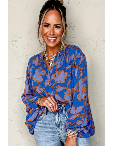 Blue Floral Print Batwing Sleeve Shirt - Casual Style