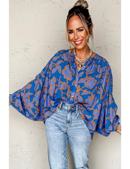 Blauwe Bloemenprint Batwing Mouwen Shirt - Casual Stijl