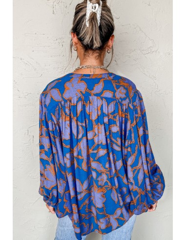 Blue Floral Print Batwing Sleeve Shirt - Casual Style