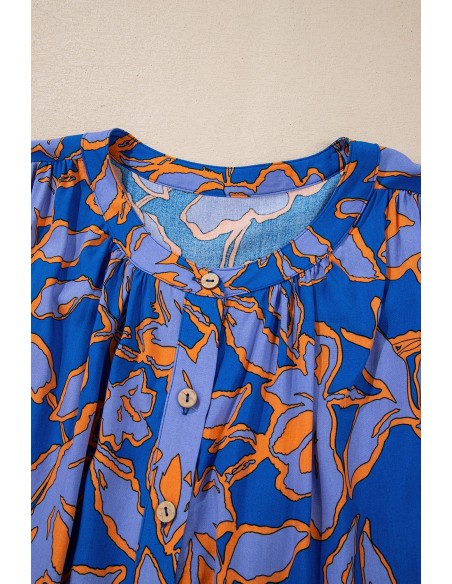 Blaues Hemd mit Blumenmuster und Batwing-Ärmeln - Lässiger Stil