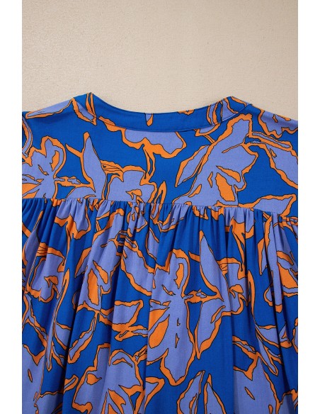 Blue Floral Print Batwing Sleeve Shirt - Casual Style