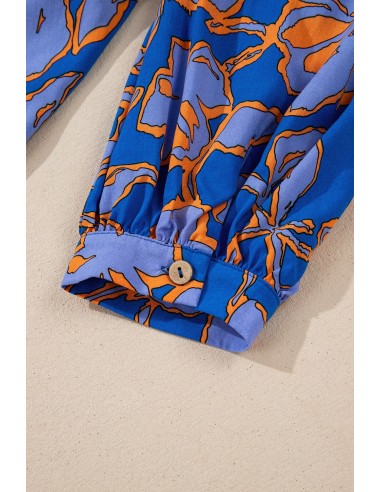 Blue Floral Print Batwing Sleeve Shirt - Casual Style