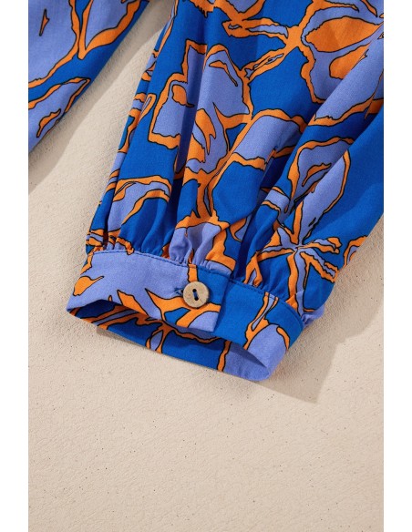 Blaues Hemd mit Blumenmuster und Batwing-Ärmeln - Lässiger Stil