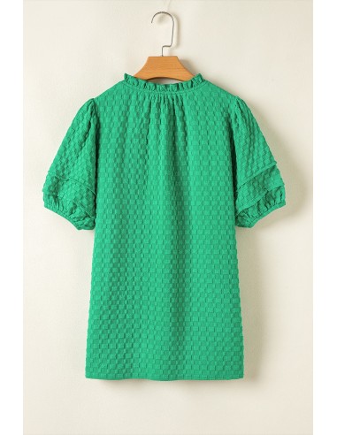 Groene Textuur Puff Korte Mouwen V-Hals Top