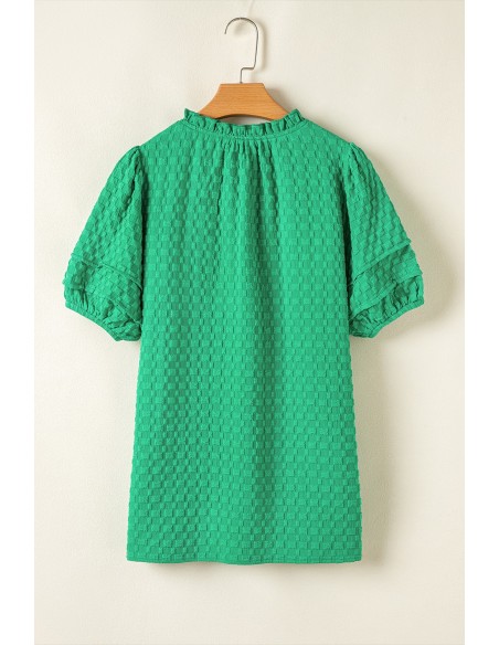 Groene Textuur Puff Korte Mouwen V-Hals Top