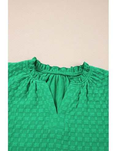 Groene Textuur Puff Korte Mouwen V-Hals Top
