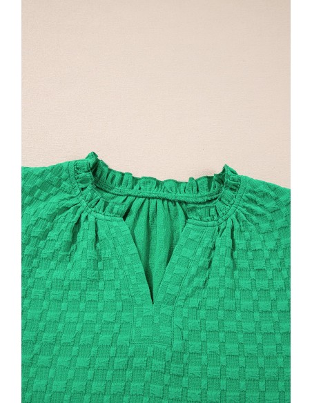 Groene Textuur Puff Korte Mouwen V-Hals Top