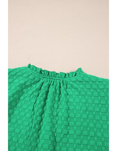 Groene Textuur Puff Korte Mouwen V-Hals Top