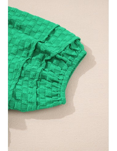 Groene Textuur Puff Korte Mouwen V-Hals Top