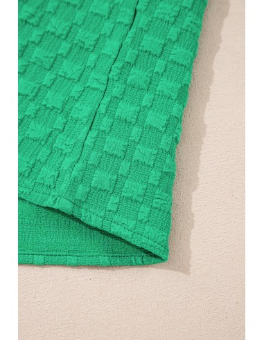 Top Vert Texturé à Manches Courtes Bouffantes et Col V