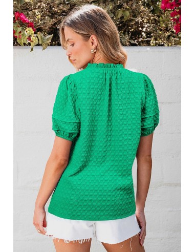 Groene Textuur Puff Korte Mouwen V-Hals Top