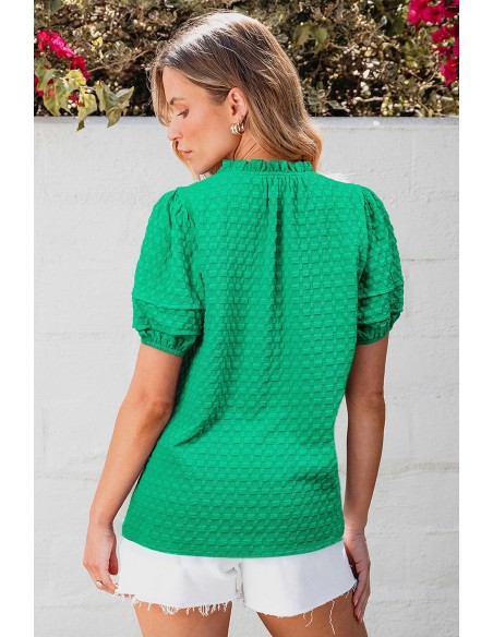 Groene Textuur Puff Korte Mouwen V-Hals Top
