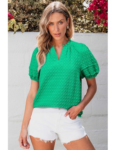 Groene Textuur Puff Korte Mouwen V-Hals Top