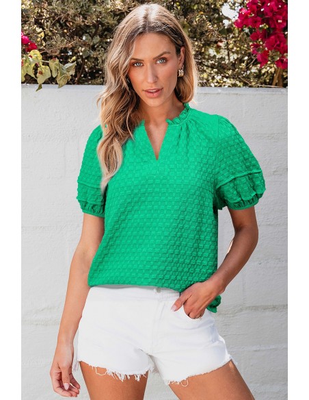 Groene Textuur Puff Korte Mouwen V-Hals Top