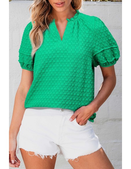 Groene Textuur Puff Korte Mouwen V-Hals Top