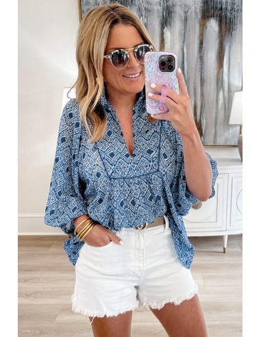 Sky Blue Western Geometric Print V Neck Blouse