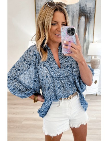 Himmelblaue Bluse mit Westlichem Geometrischem Print und V-Ausschnitt