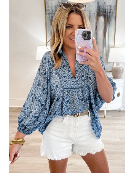 Sky Blue Western Geometric Print V Neck Blouse