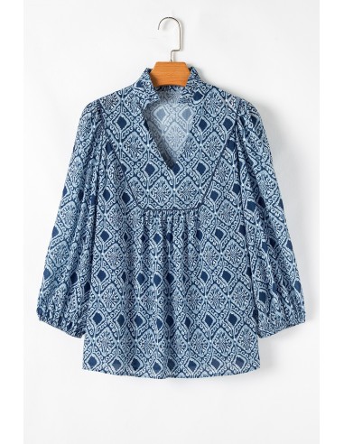 Sky Blue Western Geometric Print V Neck Blouse