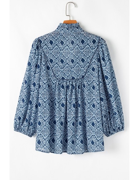 Sky Blue Western Geometric Print V Neck Blouse