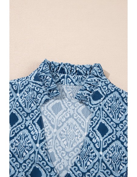 Luchtblauwe Blouse met Westerse Geometrische Print en V-Hals