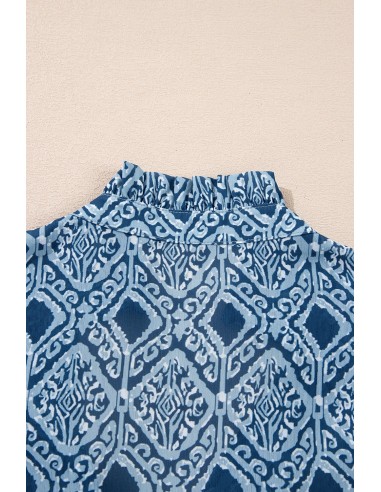 Luchtblauwe Blouse met Westerse Geometrische Print en V-Hals