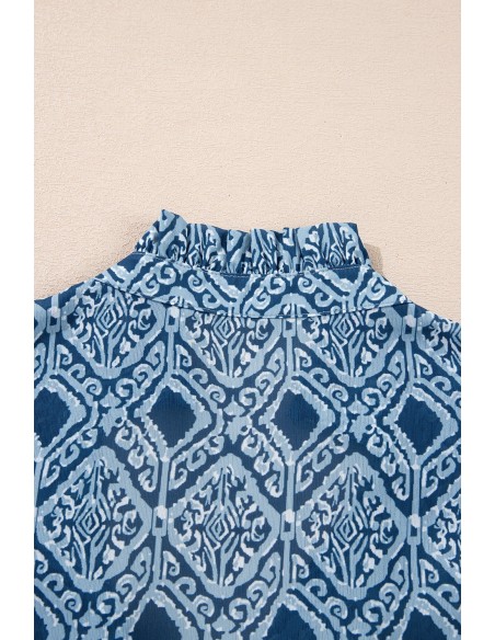 Luchtblauwe Blouse met Westerse Geometrische Print en V-Hals