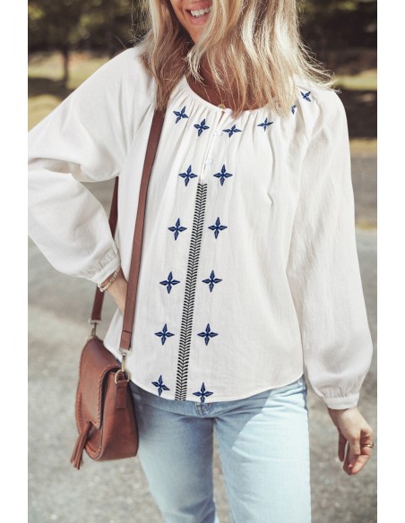 White Geometric Embroidered Long Sleeve Buttoned Blouse