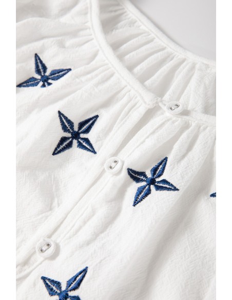 White Geometric Embroidered Long Sleeve Buttoned Blouse