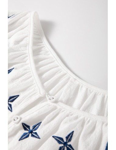 Weiße Geometrisch Bestickte Langarm-Bluse mit Knöpfen