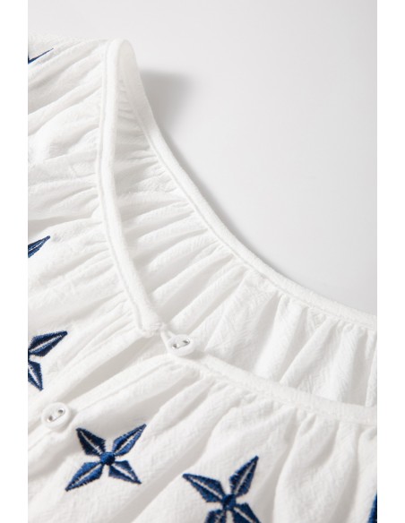 Blouse Blanche Brodée Géométrique à Manches Longues et Boutonnée