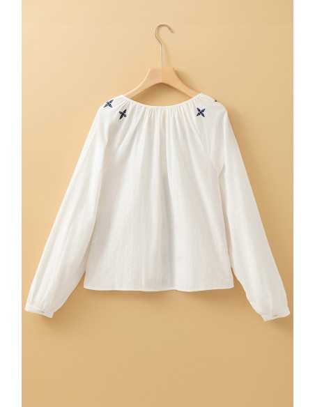 Blouse Blanche Brodée Géométrique à Manches Longues et Boutonnée