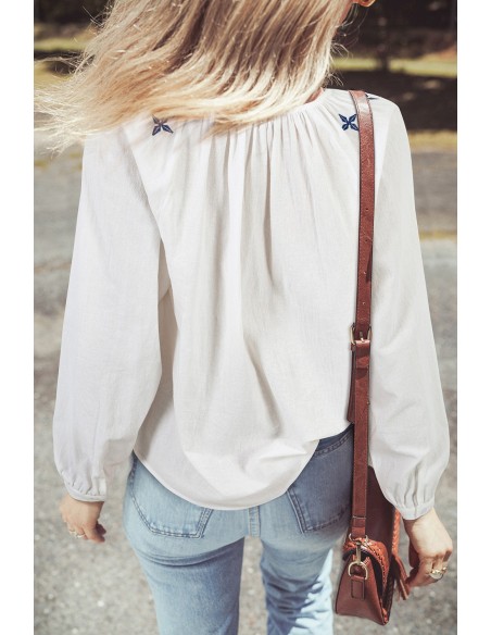 White Geometric Embroidered Long Sleeve Buttoned Blouse