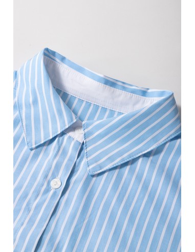 Luchtblauw Gestreepte Shirt met Contrasterende Pockets en Omgerolde Mouwen