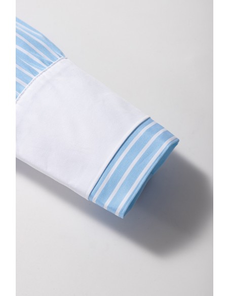 Luchtblauw Gestreepte Shirt met Contrasterende Pockets en Omgerolde Mouwen