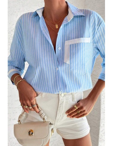 Sky Blue Striped Shirt with Contrast Pockets and Cuffed Sleeves