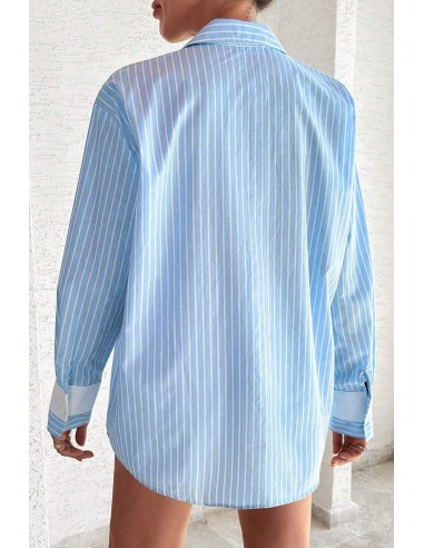 Sky Blue Striped Shirt with Contrast Pockets and Cuffed Sleeves