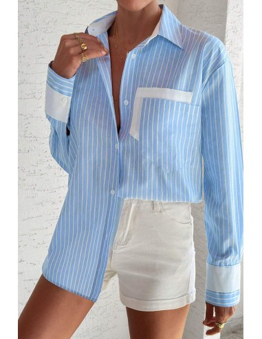 Sky Blue Striped Shirt with Contrast Pockets and Cuffed Sleeves
