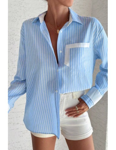 Sky Blue Striped Shirt with Contrast Pockets and Cuffed Sleeves