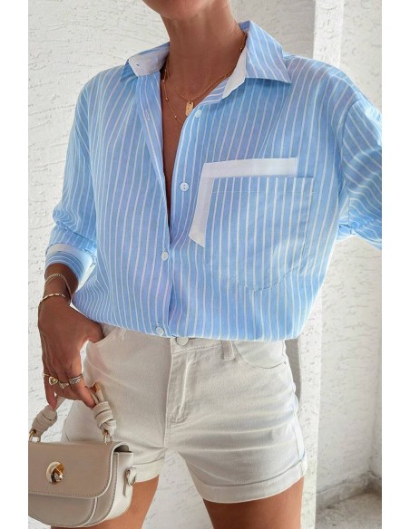 Sky Blue Striped Shirt with Contrast Pockets and Cuffed Sleeves