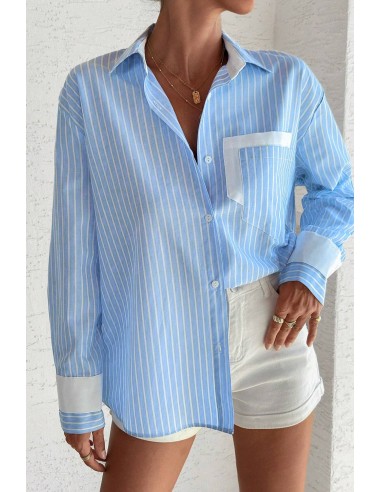 Sky Blue Striped Shirt with Contrast Pockets and Cuffed Sleeves
