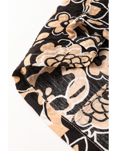 Zwarte Boho Blouse met Bloemenprint, Armband Mouwen en Split Halslijn