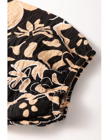 Black Floral Boho Blouse with Bracelet Sleeves and Split Neck