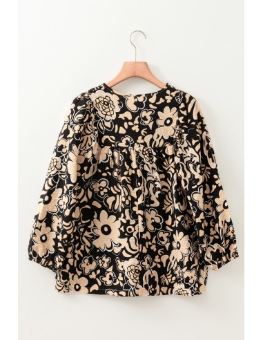 Black Floral Boho Blouse with Bracelet Sleeves and Split Neck