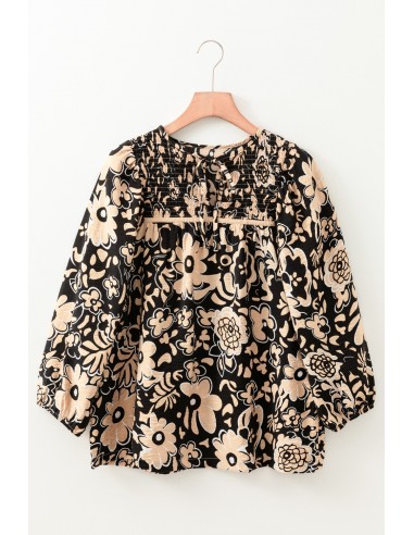 Zwarte Boho Blouse met Bloemenprint, Armband Mouwen en Split Halslijn