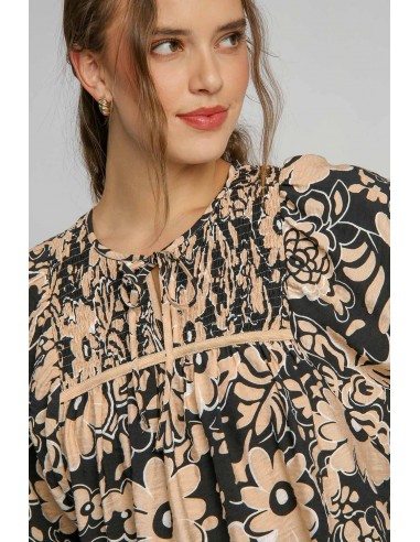 Black Floral Boho Blouse with Bracelet Sleeves and Split Neck