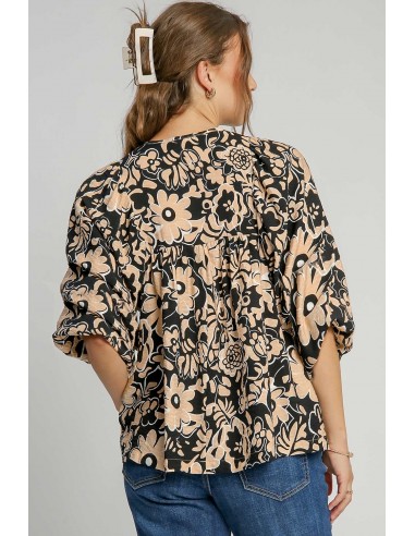Black Floral Boho Blouse with Bracelet Sleeves and Split Neck