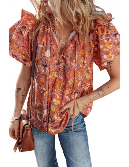 Orange Bluse mit Floralprint, Rüschen-Volantärmeln und V-Ausschnitt
