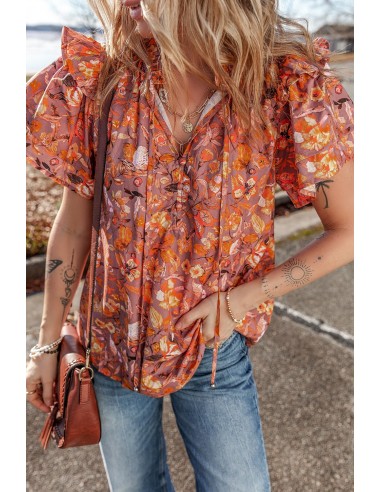 Oranje Bloemenprint Blouse met Ruches en V-Hals