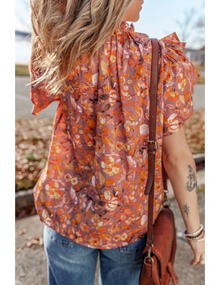 Blouse Orange à Imprimé Floral, Manches Volantes et Col V